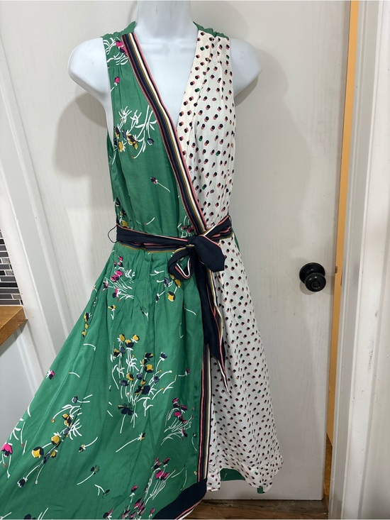 Maeve Dresses & Skirts - Maeve Anthropologie bohemian Green & Cream Floral Wrap Dress with Polka Dot Pane